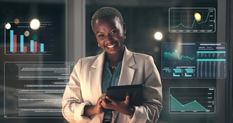 Data, overlay and tablet with face of black woman in office at night for financial investment. App, charts and graphs with happy African employee in dark workplace for finance or wealth management - Powered by Adobe