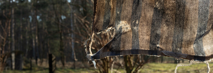 A fragment of a dirty, torn rag with a forest and meadow in the background.