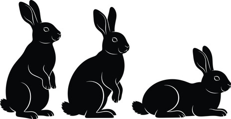 Rabbit silhouette vector set, black animal icons, bunny poses collection, minimal wildlife design, pet illustration elements, printable graphic assets, isolated shapes