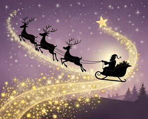 Naklejka premium Santa claus and his reindeer flying through a starry night sky