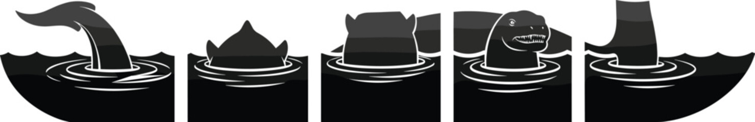 Sea monster silhouette vector set, black and white aquatic creature parts, editable illustration for fantasy, ocean, myth, cartoon, playful design