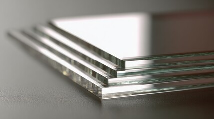 Stack of clear glass panels displaying transparency and reflections
