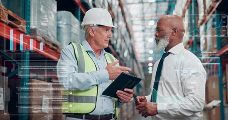 Overlay, people and tablet with data at warehouse for logistics, inventory and supply chain analysis. Mature men, team and digital with graphs, stock increase and statistics growth for distribution - Powered by Adobe