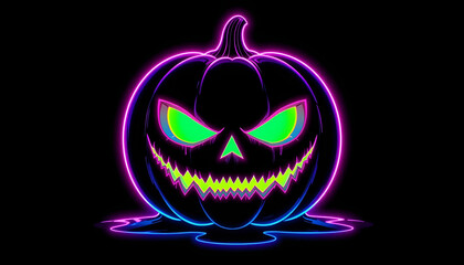 Neon Jack-o'-Lantern with Glowing Green Face and Dripping Pink-Blue Light