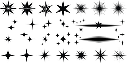 Starburst and sparkle vector set, black radiant icon collection, decorative light graphics, magical glow elements, printable shine assets, minimal style