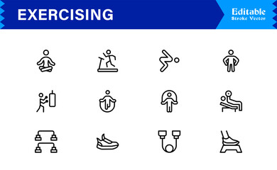 Fitness Exercise Workout Line Icon Set – Professional, Modern, Minimal, and Pixel Perfect Vector Illustrations