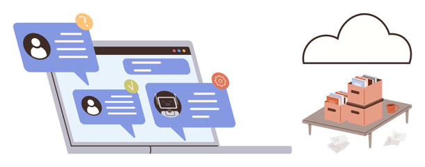 Laptop displaying chat messages alongside cloud storage linked to stacked document boxes. Ideal for teamwork, remote work, cloud storage, technology, productivity, communication, organization. Simple
