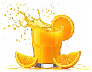 Orange juice splash in glass with orange slices, bright