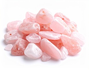 Pile of soft pink, rounded tumbled rocks on white