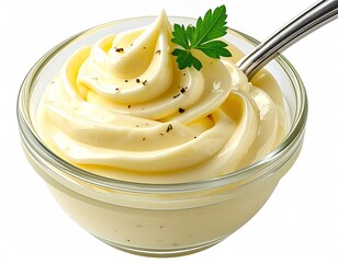 Creamy topping with parsley in a bowl, spoon on the side
