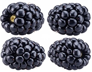 Four plump, ripe blackberries against a white background