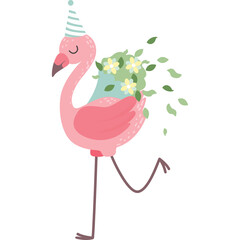 A Pink Flamingo Wearing A Party Hat And Carrying A Bouquet Of Flowers And Leaves With A Transparent Background