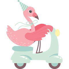 A Pink Flamingo Wearing a Party Hat Rides a Mint Green Scooter on a Transparent Background