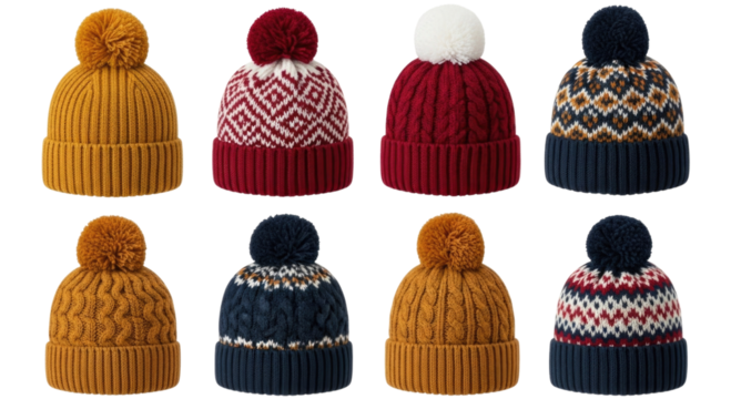 Collection of cozy knitted winter beanies transparent background cutout png - Powered by Adobe