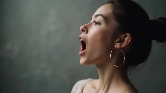 Una mujer joven bostezando ampliamente