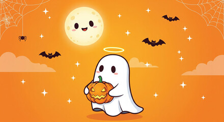 Cute cartoon Halloween background with an adorable ghost wearing a halo, holding a smiling jack-o’-lantern pumpkin under a glowing moon. The orange backdrop features spider webs in the corners.