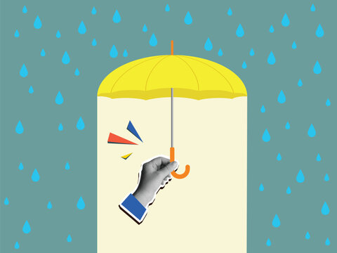 Hand holding opened yellow umbrella protecting from falling raindrops. Modern collage style. Vector illustration
