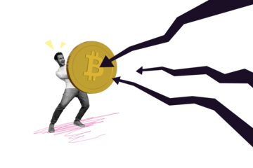 Composite photo collage of happy businessman hold bitcoin coin arrow development profit success crypto fund isolated on painted background