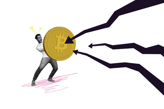 Composite photo collage of happy businessman hold bitcoin coin arrow development profit success crypto fund isolated on painted background