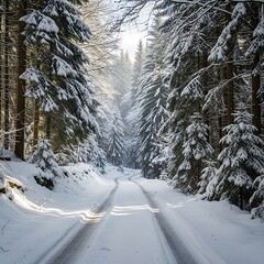 Snowy Forest Road with Tire Tracks and Sunlight.