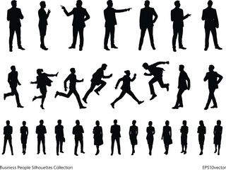 Silhouettes of diverse, modern business people, including men and women, standing, walking, running, and pointing, for corporate and