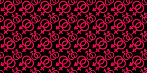Red male and female gender symbol seamless pattern background. Seamless pattern of red male and female gender symbols on a black background. Seamless red male female gender symbol pattern background.