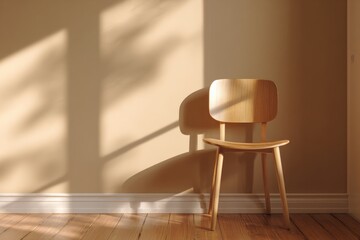 modern workspace with warm beige wall, wooden chair and sunlight shadows