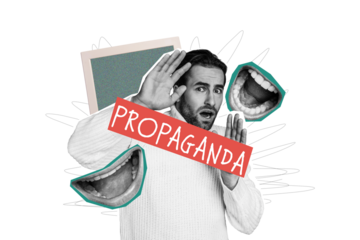 Composite trend artwork 3D sketch image photo collage of fake news manipulate young confused man hand protect tv propaganda mouth talk