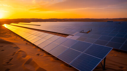 Solar energy panels in desert landscape under golden sunset light
