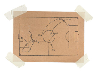 Football manager coaching. Write a rough Soccer game tactical strategy in pencil on old brown kraft paper stick with masking tape isolated on transparent background or png file.