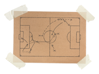 Football manager coaching. Write a rough Soccer game tactical strategy in pencil on old brown kraft paper stick with masking tape isolated on transparent background or png file.