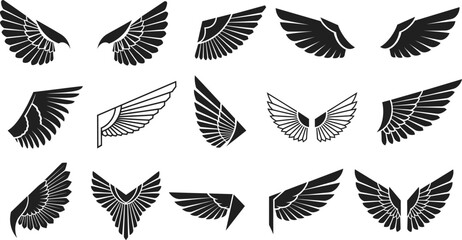 Wing icon set, black vector illustration, bird and angel wing designs, abstract feather shapes, tattoo inspiration, graphic elements, minimal style, isolated art