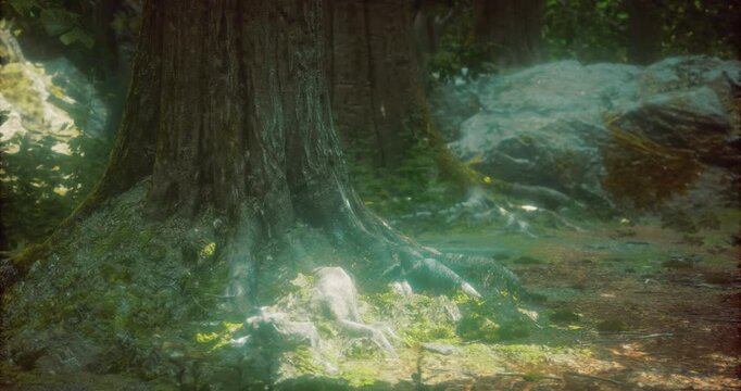 Sunlight filters through the dense foliage of a serene forest. Ancient trees stand tall, their roots weaving into the earth, while soft moss carpets the ground, creating a mystical atmosphere.