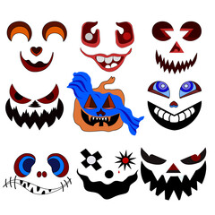 Demon face, festival, pumpkin decoration, Halloween celebration, nine styles, beauty, vector, design, hand-drawn, fun, spooky art, creative illustration, colorful pattern, artistic expression, playful