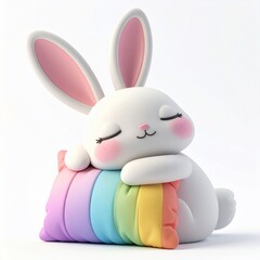 Fototapeta premium Adorable white bunny sleeping soundly on a rainbow pillow