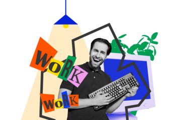 Composite photo collage of happy  businessman hold computer keyboard play guitar imitate remote work home isolated on painted background