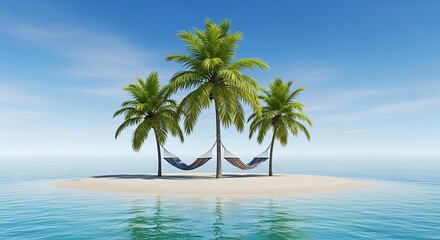Tropical Island Paradise with Palm Trees and Hammocks.