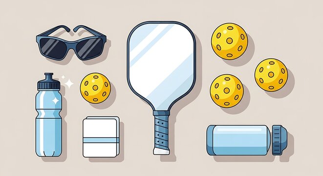 Sports equipment collection for outdoor games like tennis and pickleball, including accessories