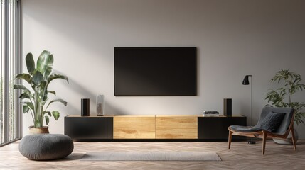 Modern living room interior design with tv screen and minimalist furniture