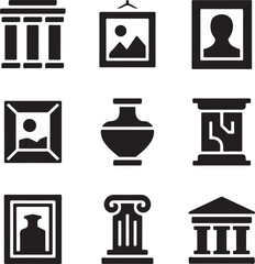 Minimalist museum icons collection featuring architectural elements artwork and artifacts in simple black and white line art style
