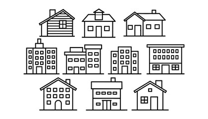 City and Suburban Buildings Outline Vector Icon Set: Collection of 11 Line Art Symbols for Houses, Apartment Complexes, and Office Towers for Real Estate and Urban Planning Design