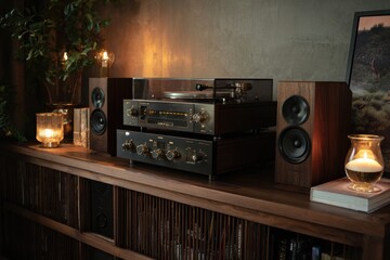 photo of high-end stereo set on wooden rack, calm warm tones, quiet aesthetic
