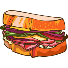 A pixel art illustration of a large sandwich filled with ham lettuce cheese and onions on toasted bread with a transparent background