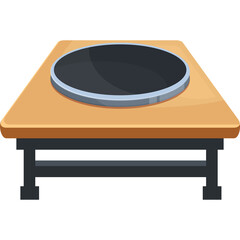 A pixel art representation of a circular black griddle on a light brown wooden table with black legs and a simple design on a transparent background.