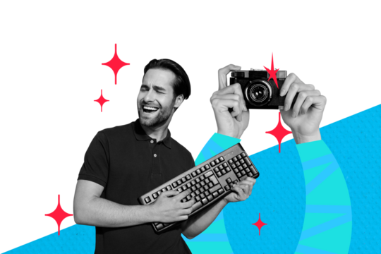 Creative photo poster trend art collage image of happy man play guitar imitation keypad buttons hands hold camera photo-shooting