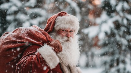 A senior Caucasian man with a white beard and red suit carries a large sack in a snowy forest. Snowflakes fall around him, creating a festive winter atmosphere.