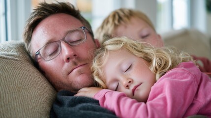 A man with glasses sleeps on a couch with two children. A young girl with curly blonde hair rests on his chest, while a boy with short blonde hair leans against him.