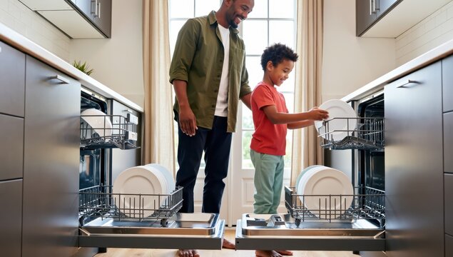Father and son unloading the dishwasher together in the kitchen, teaching responsibility at home