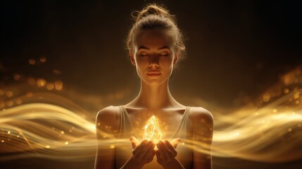 A young Caucasian woman with long brown hair holds a glowing crystal in her hands. Soft golden light surrounds her, creating a mystical atmosphere.