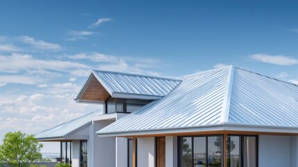 Fototapeta premium Modern house exterior with clear sky architectural design render